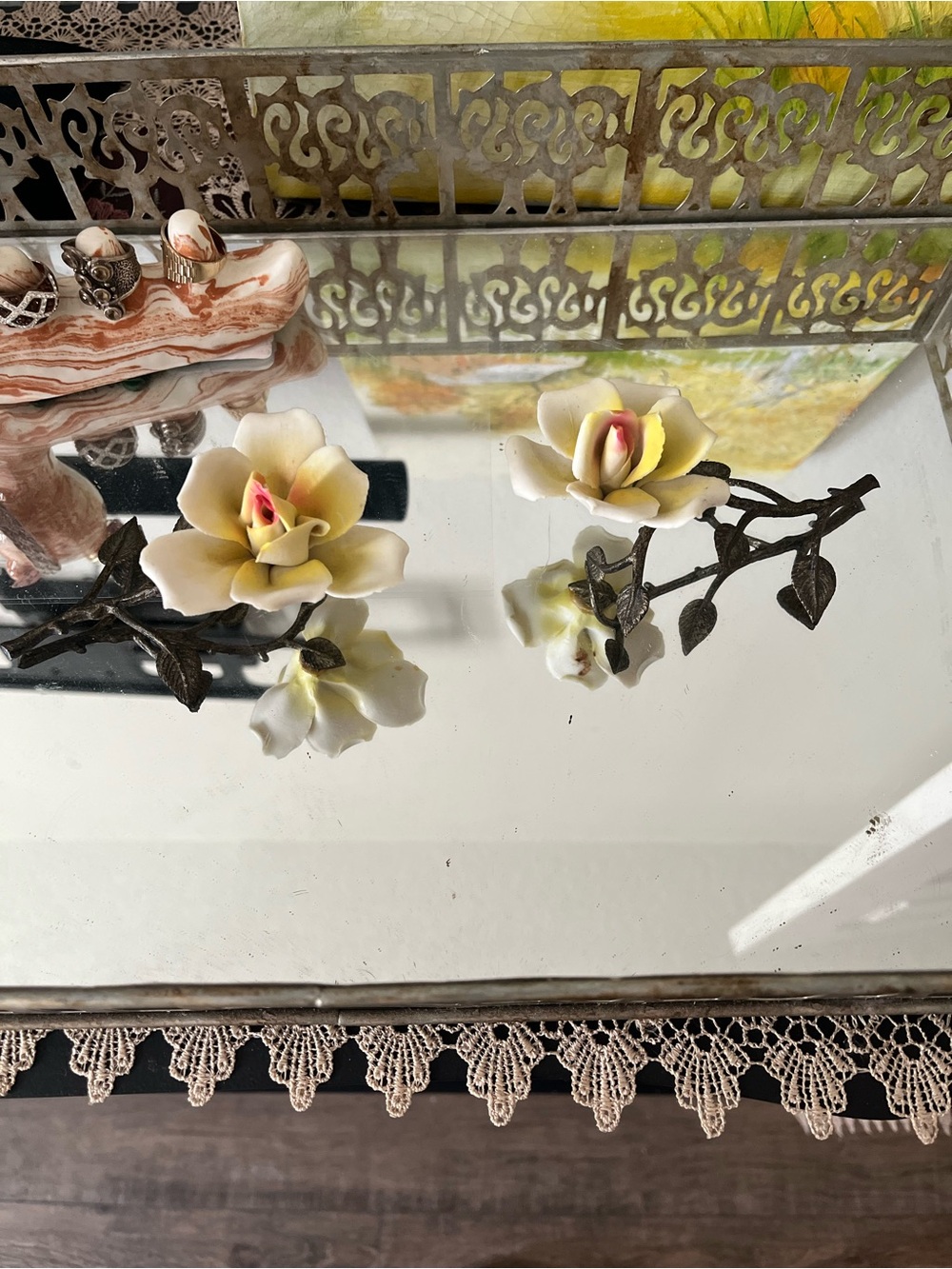 Capodimonte Yellow Bisque Roses Set of 2 Brass Stem Italian Porcelain Flowers